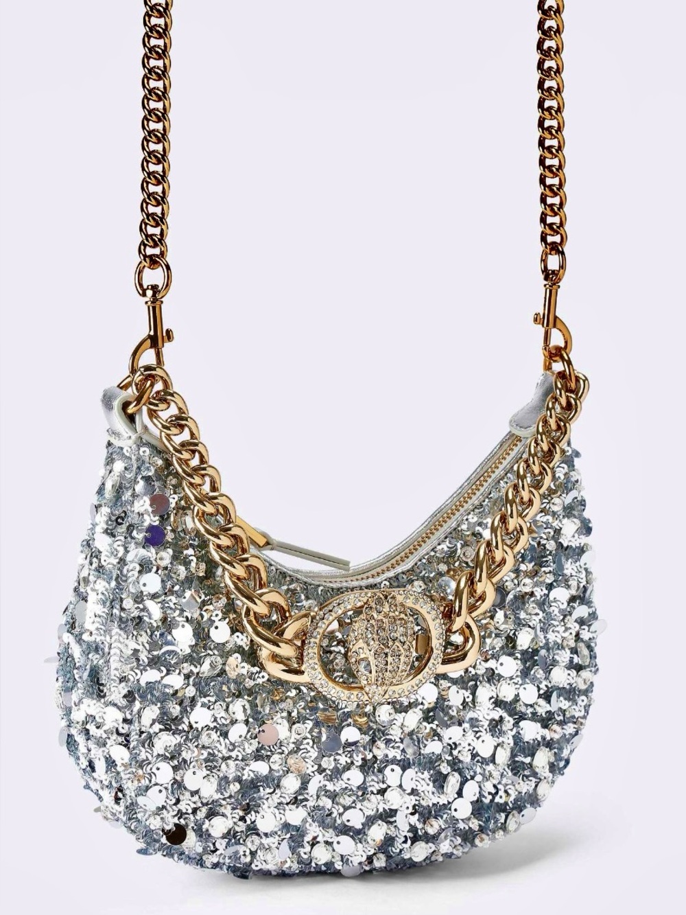 Kurt Geiger RP$358. Silver Sequin/Crystals/Beads Shoulder Bag BoldGold Chain NWT